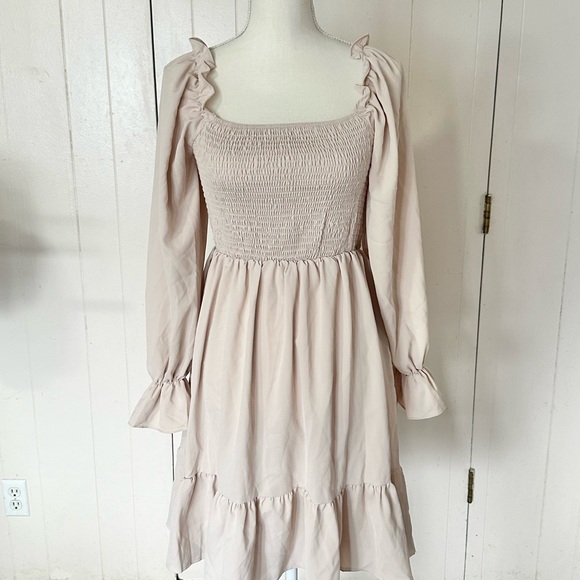 SHEIN Ruffle Long Puff Sleeve Beige Dress Off White Fall Neutral Boho Short - Picture 4 of 10